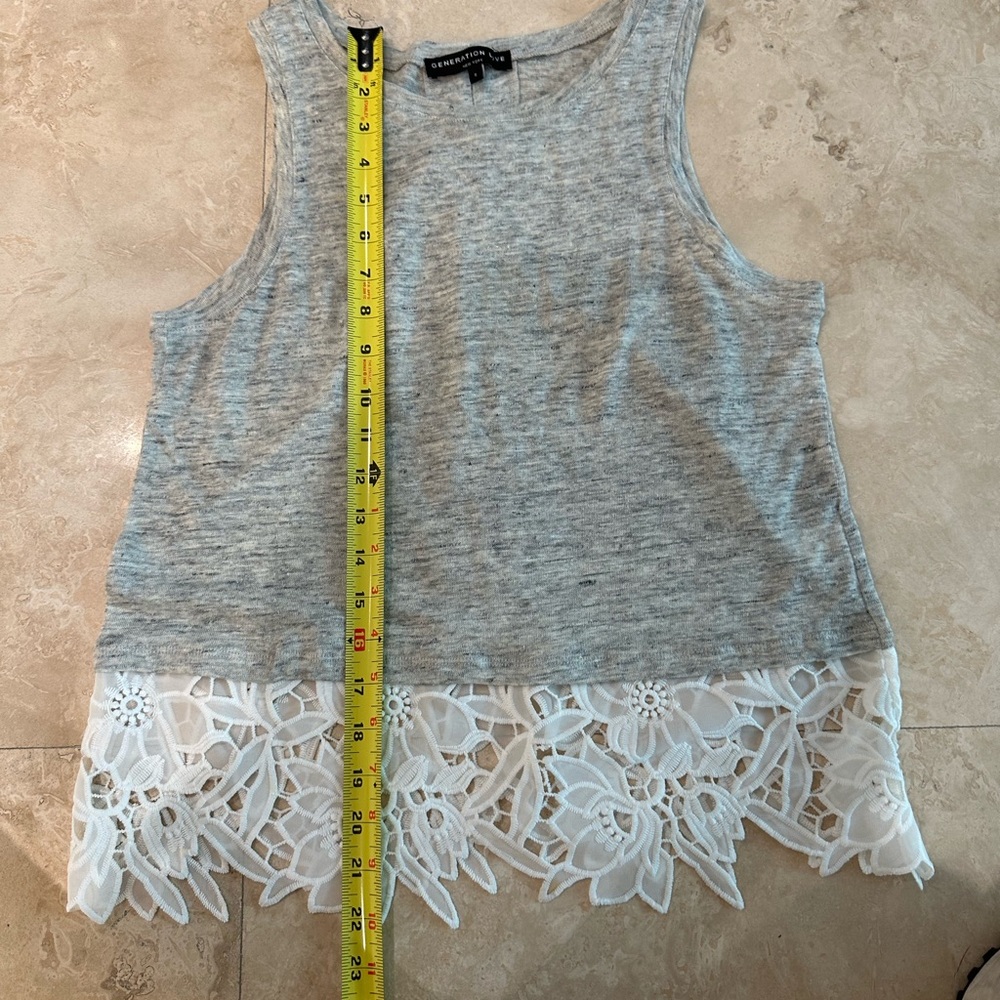 Generation Love gray linen tank white  lace trim, back tie up detail small - Picture 2 of 6